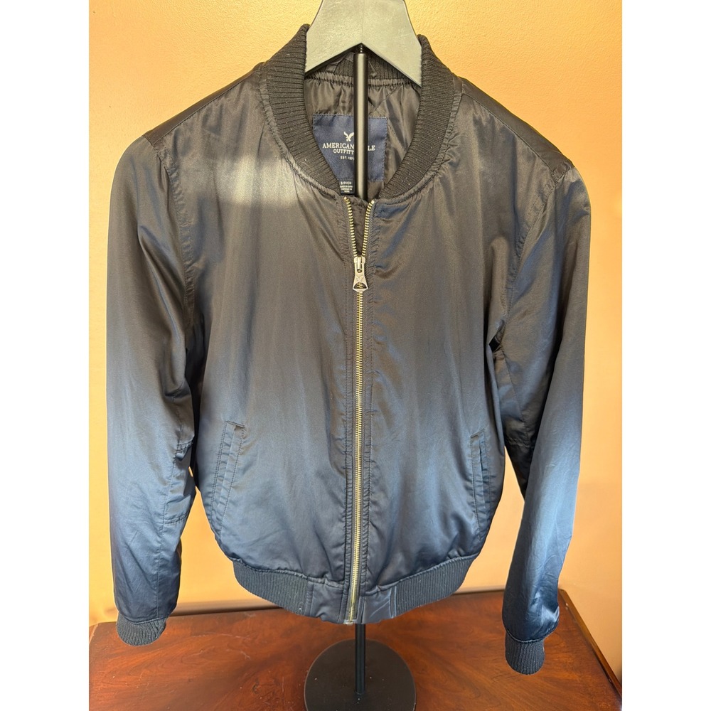American Eagle Outfitters Womens Black Satin Bomber Jacket Full Zip Small
